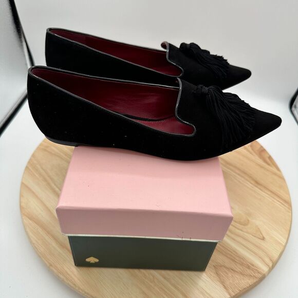 Kate Spade Adore Loafer Shoes Womens 6B Black Suede Tassels Slip On Pointed Toe - Picture 6 of 9